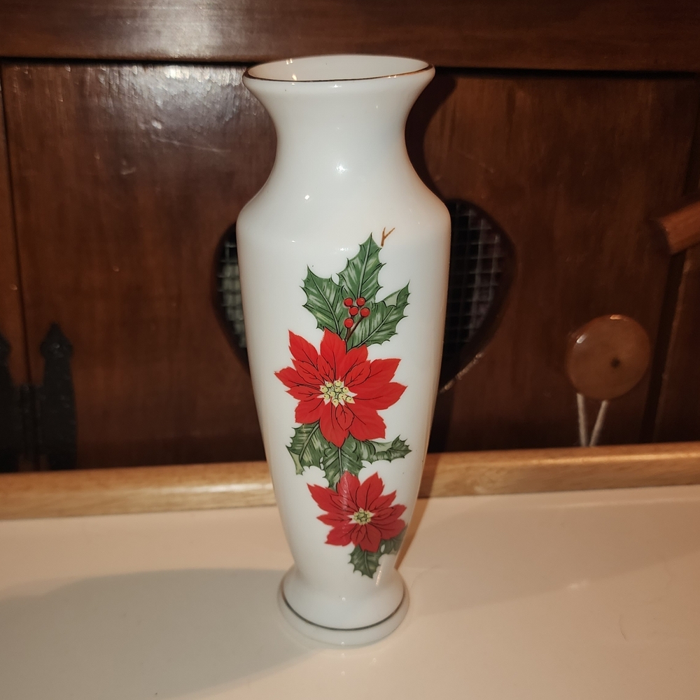 Elegant white Lefton China vase with red poinsettia design